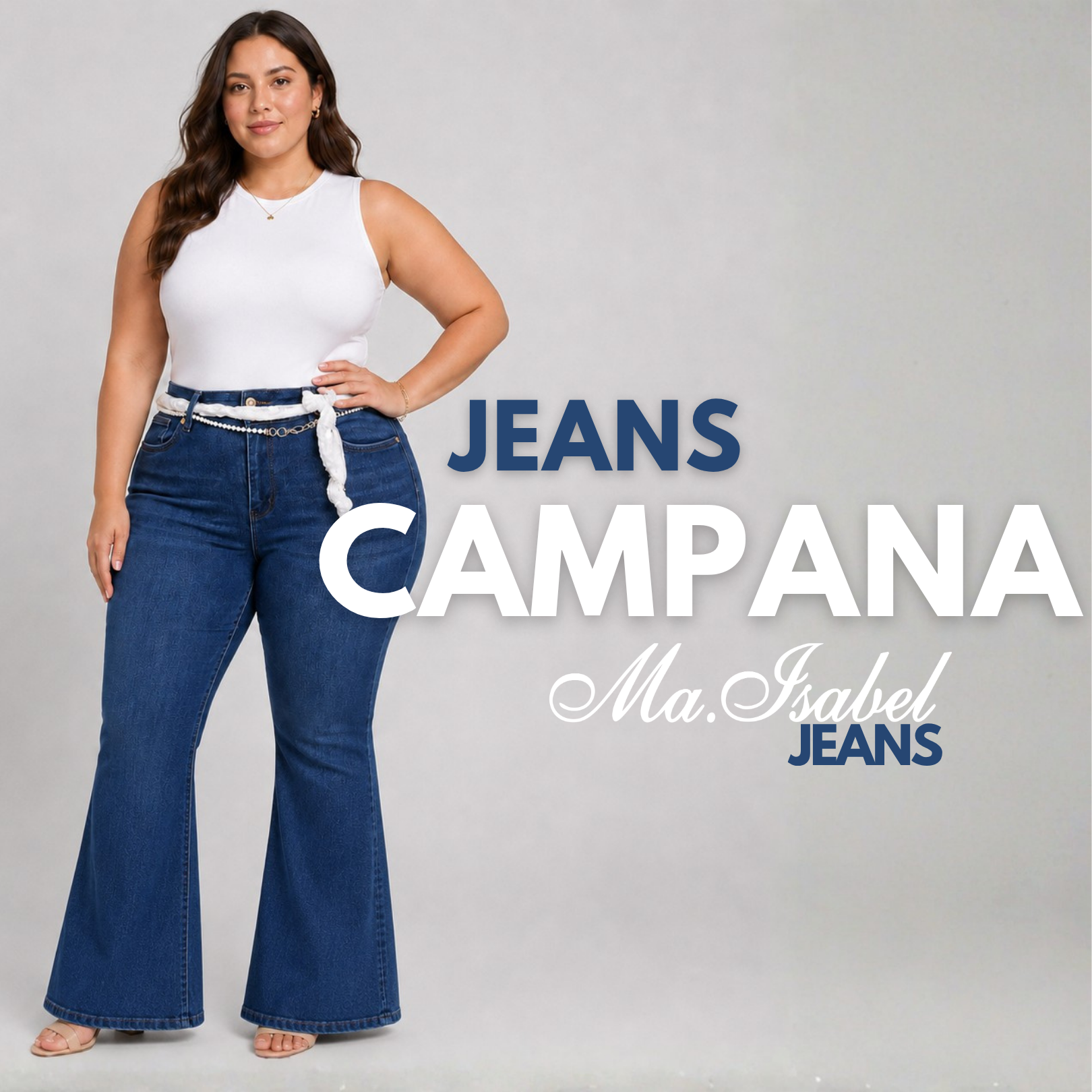 Colección Campana de Ma Isabel Jeans con jeans de mezclilla para mujer curvy en tallas extras, pantalón de tiro alto con corte acampanado que estiliza la figura, disponible para venta de mayoreo en México para distribuidores, boutiques y emprendedoras.