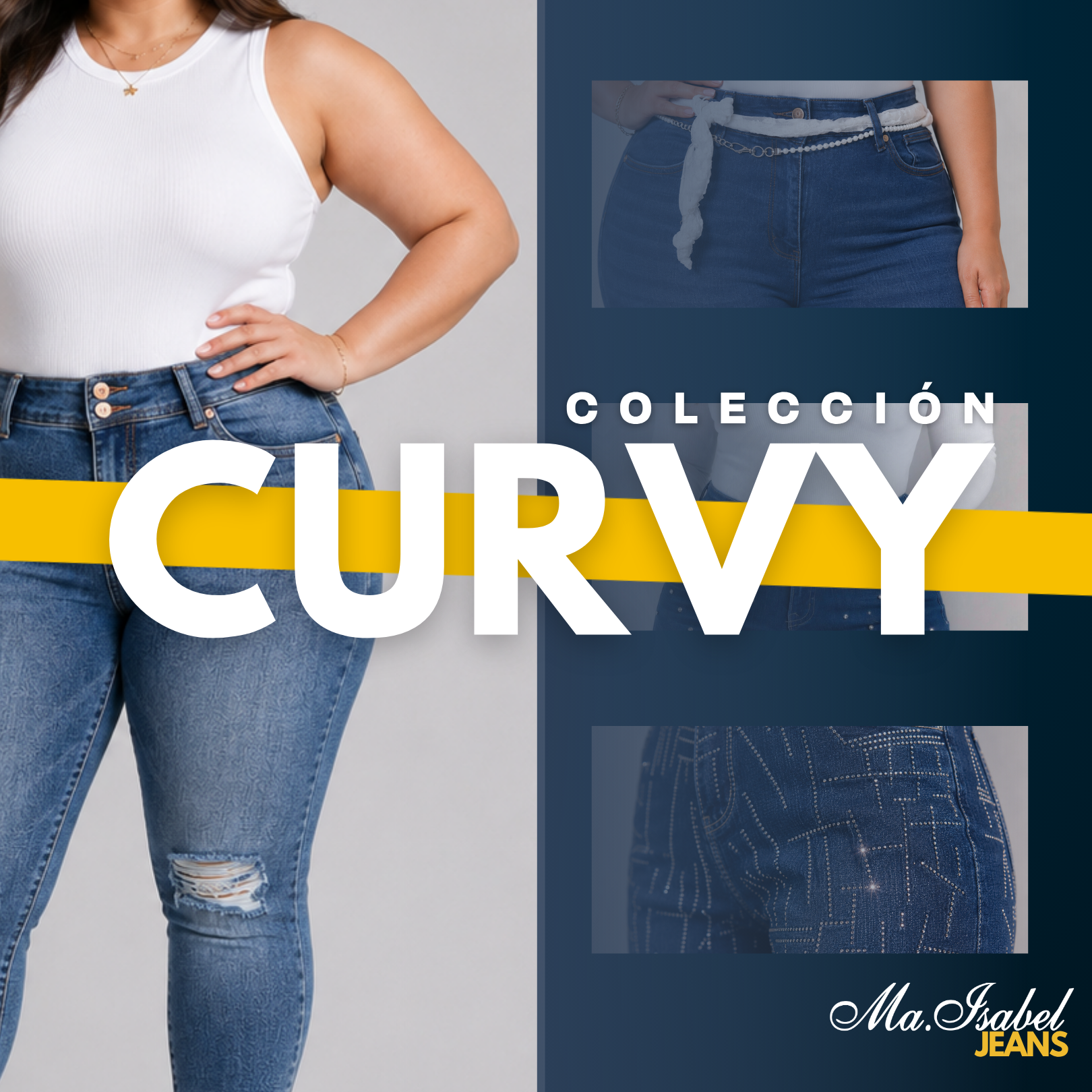 Colección Curvy de Ma Isabel Jeans con jeans de mezclilla para mujer en tallas extras, diseño de tiro alto con ajuste cómodo y favorecedor, disponibles para venta de mayoreo en México, ideales para distribuidores en Chiconcuac y Texticuitzeo.