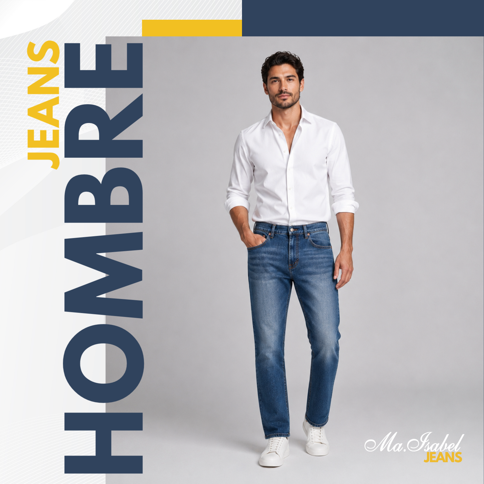 Colección de jeans para hombre de Ma Isabel Jeans. Corte regular y ajuste cómodo, diseño clásico en mezclilla ideal para uso diario, disponible para distribuidores, boutiques y tiendas online.