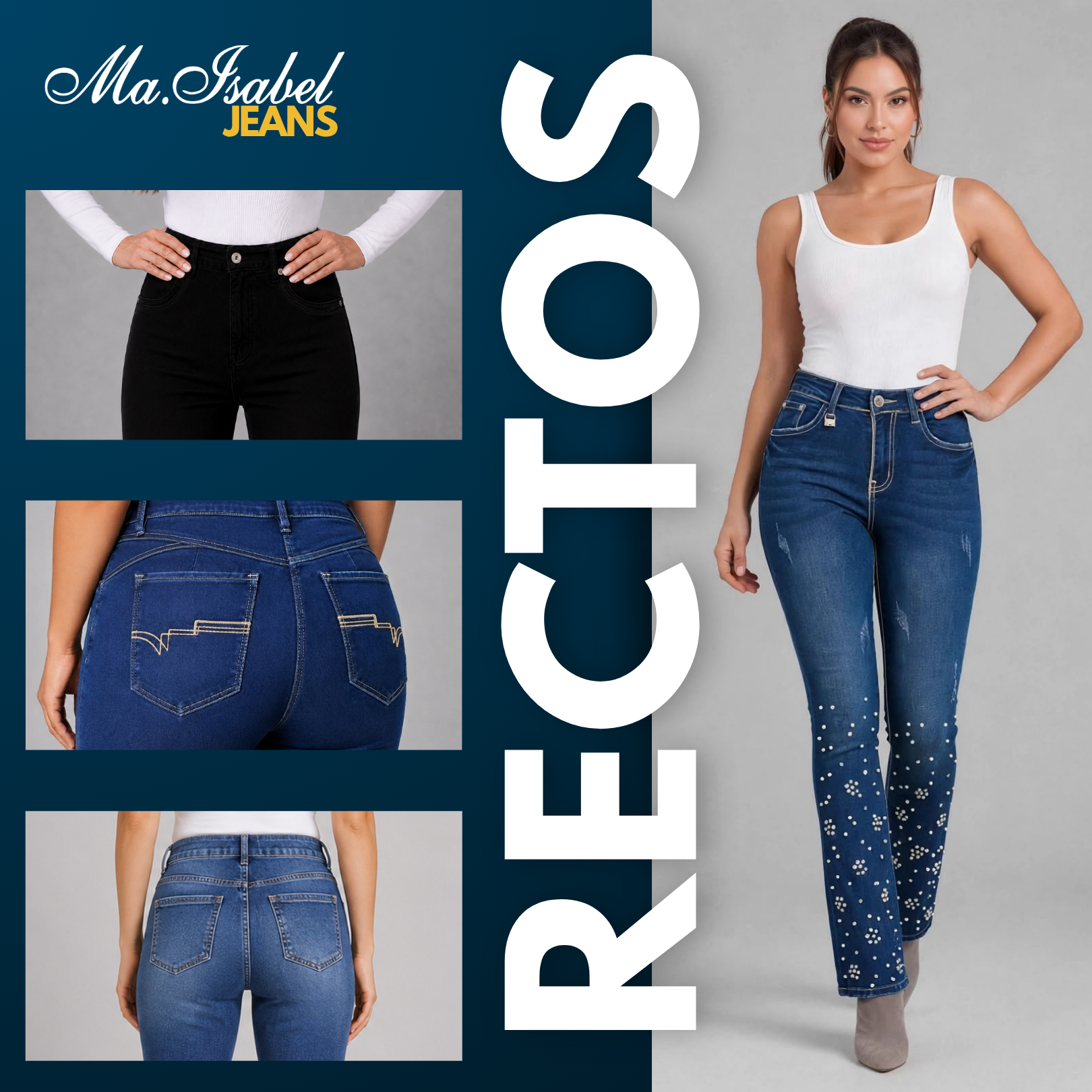 Colección Recto de Ma Isabel Jeans con jeans de mezclilla para mujer de tiro alto y corte recto con aplicación, diseño moderno y favorecedor, disponibles para venta de mayoreo en México, ideales para distribuidores.