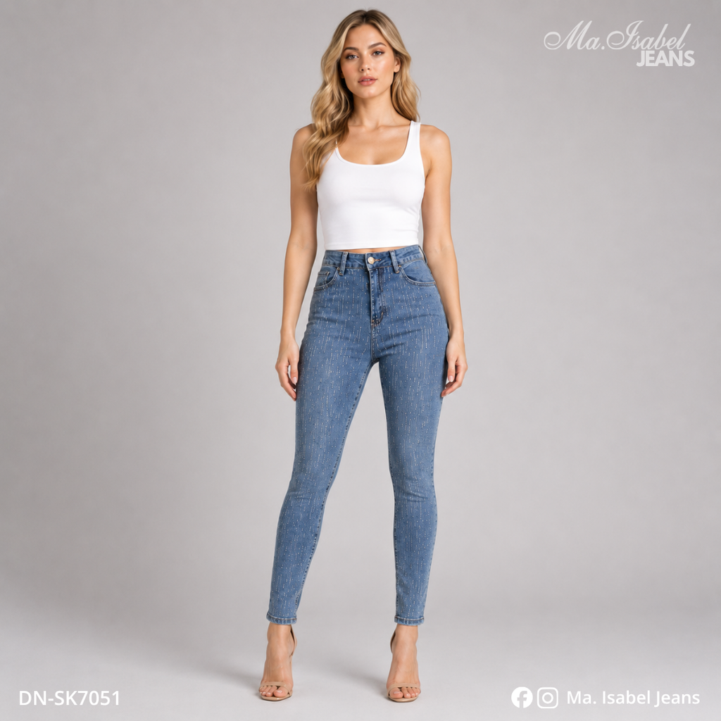 Ma. Isabel Jeans pantalón skinny para mujer de mezclilla azul claro con brillos, tela stretch y ajuste entubado