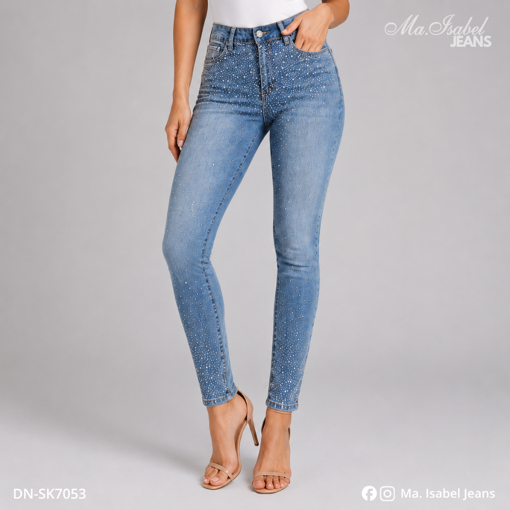 Maisabel Jeans Plaza Texticuitzeo jeans skinny azul claro para emprendedoras con glitter y mezclilla premium al mayoreo