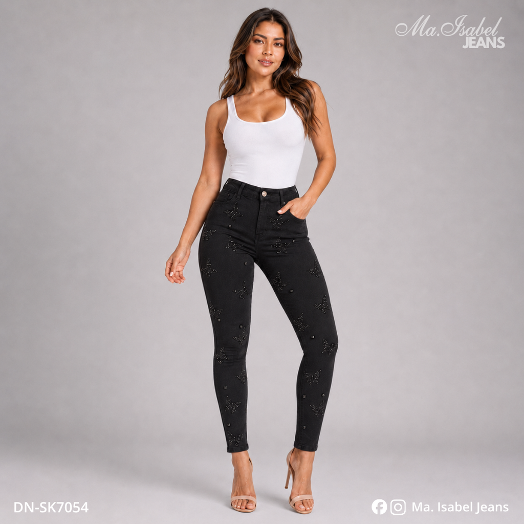Ma. Isabel Jeans pantalón skinny para mujer color negro con aplicación de mariposas, tela stretch y mezclilla premium