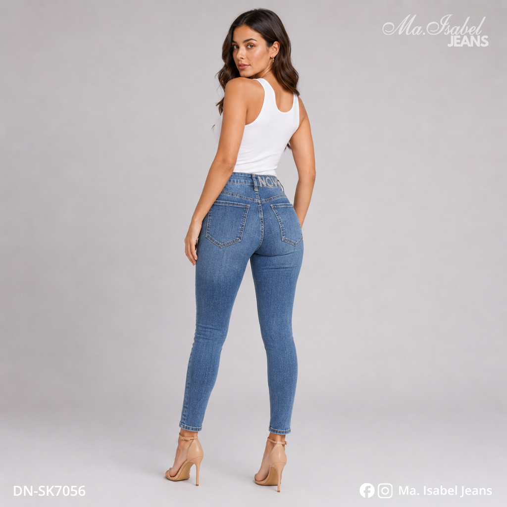 Maisabel Jeans Plaza Texticuitzeo jeans skinny azul claro para emprendedoras con líneas de brillos y mezclilla premium al mayoreo
