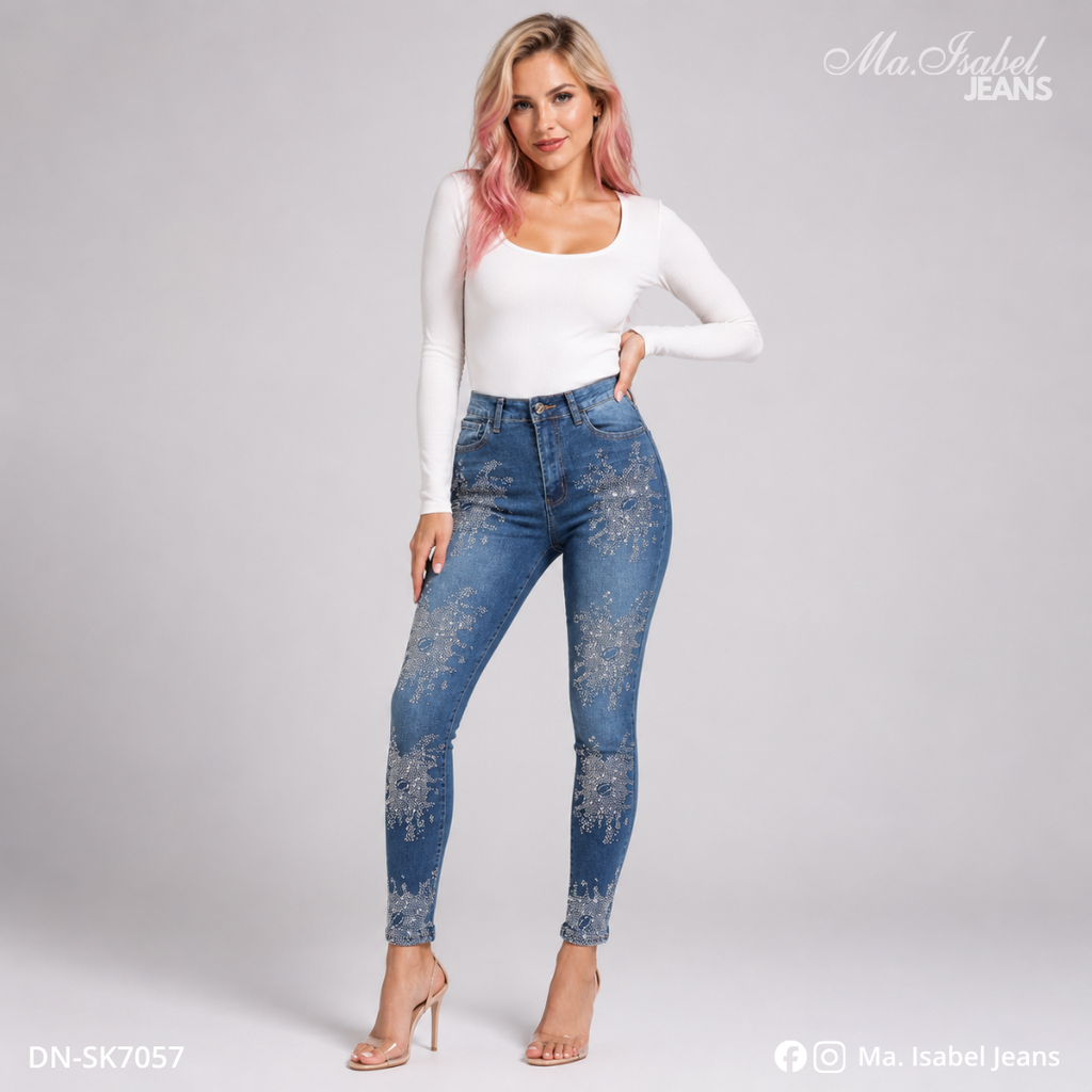 Ma. Isabel Jeans pantalón skinny para mujer de mezclilla azul claro con destellos de brillos, tela stretch y ajuste entubado