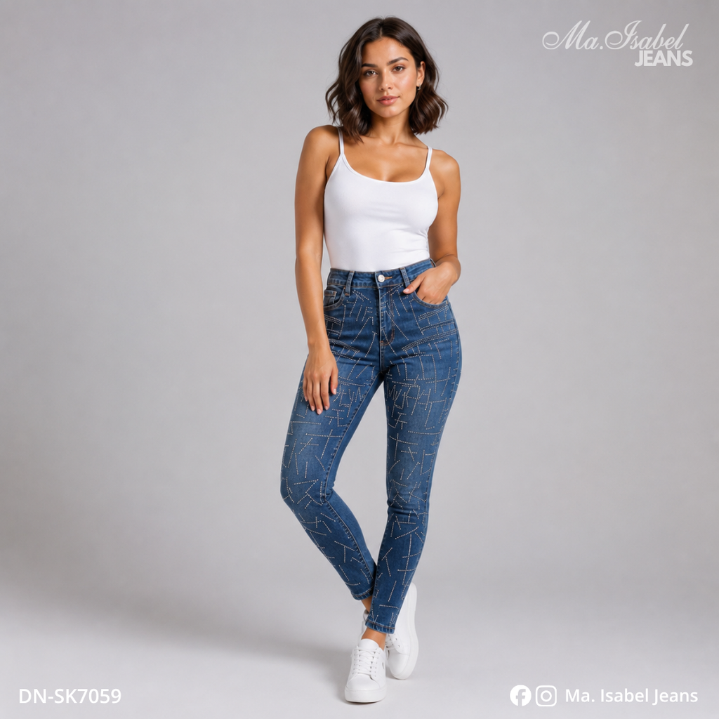 Ma. Isabel Jeans pantalón skinny para mujer de mezclilla azul con líneas de brillos, tela stretch y ajuste entubado