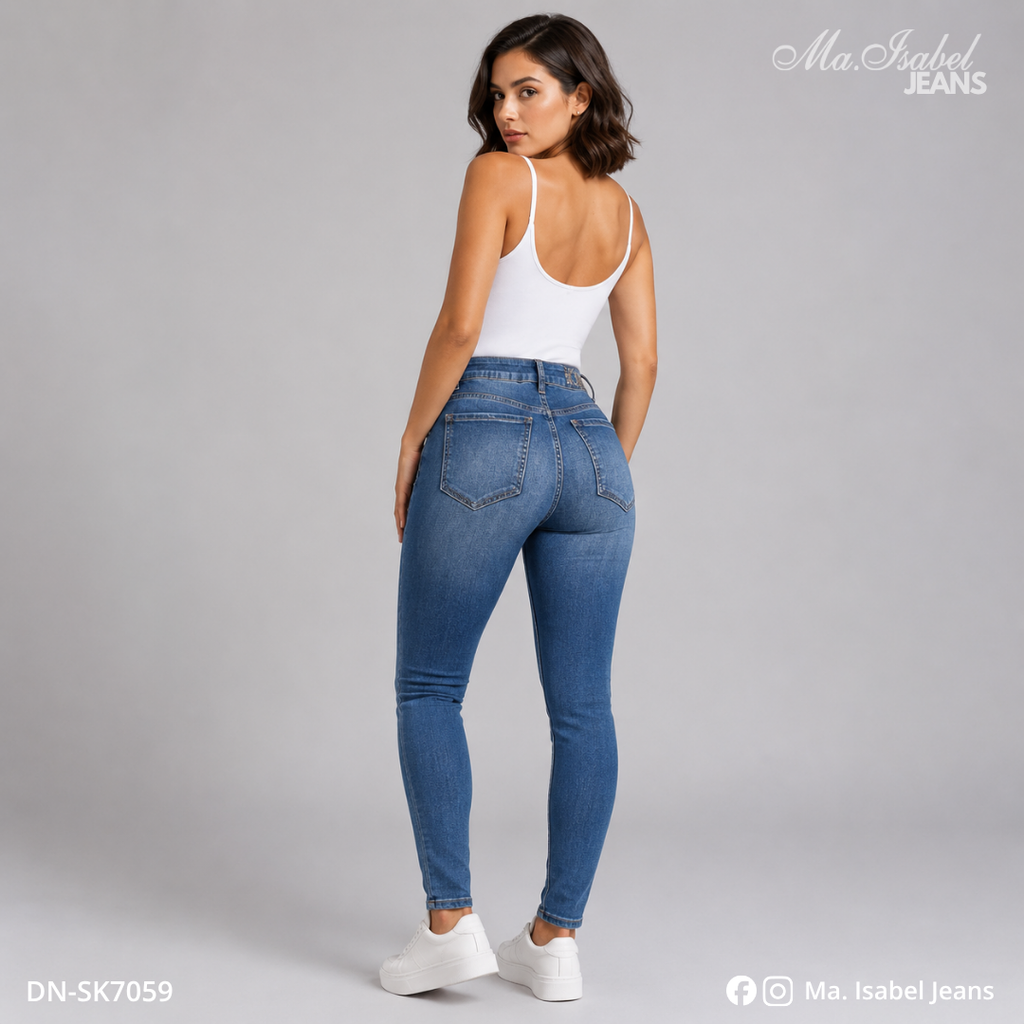 Maisabel Jeans Plaza Texticuitzeo jeans skinny azules para emprendedoras con líneas de brillos y mezclilla premium al mayoreo
