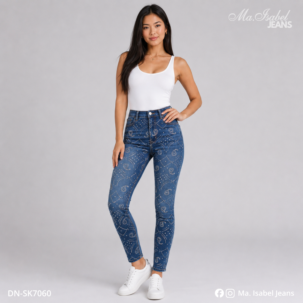 Ma. Isabel Jeans pantalón skinny para mujer de mezclilla azul con diseño de caracoles de brillos, tela stretch y ajuste entubado
