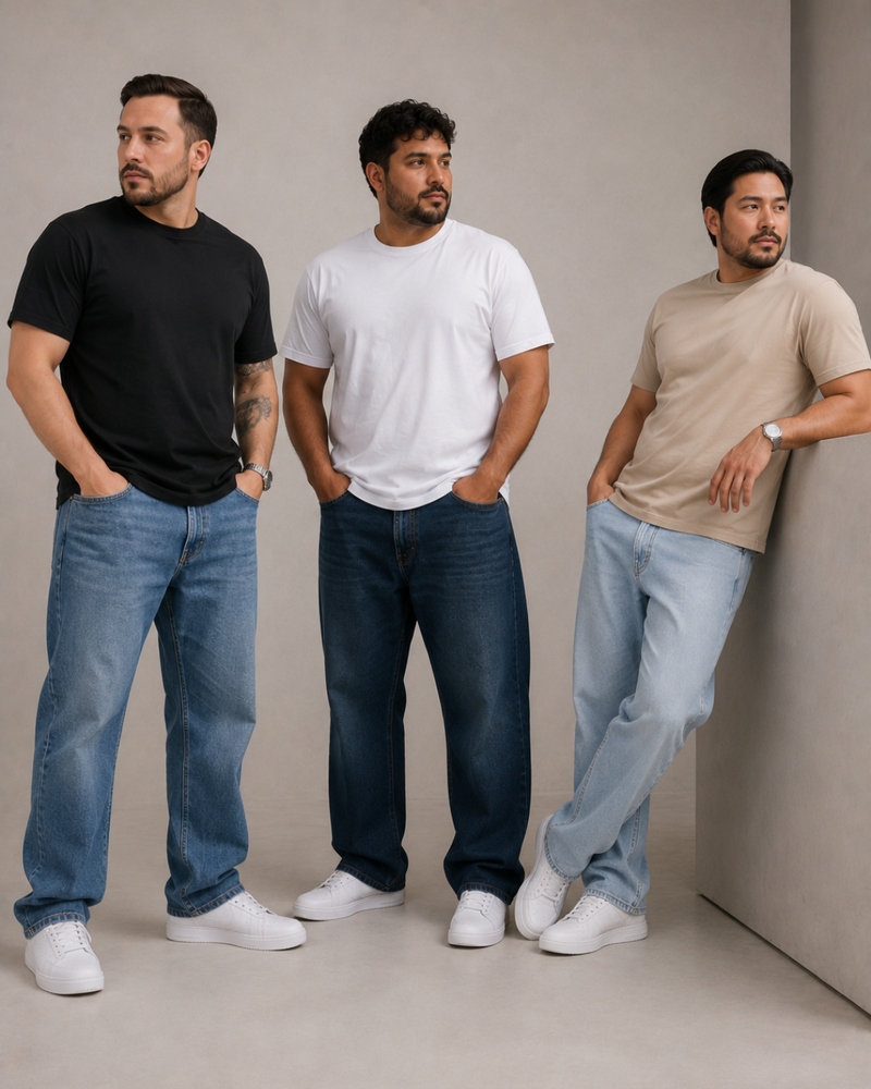 Modelo masculino usando pantalones de mezclilla con fit moderno y diseño versátil de Ma Isabel Jeans México