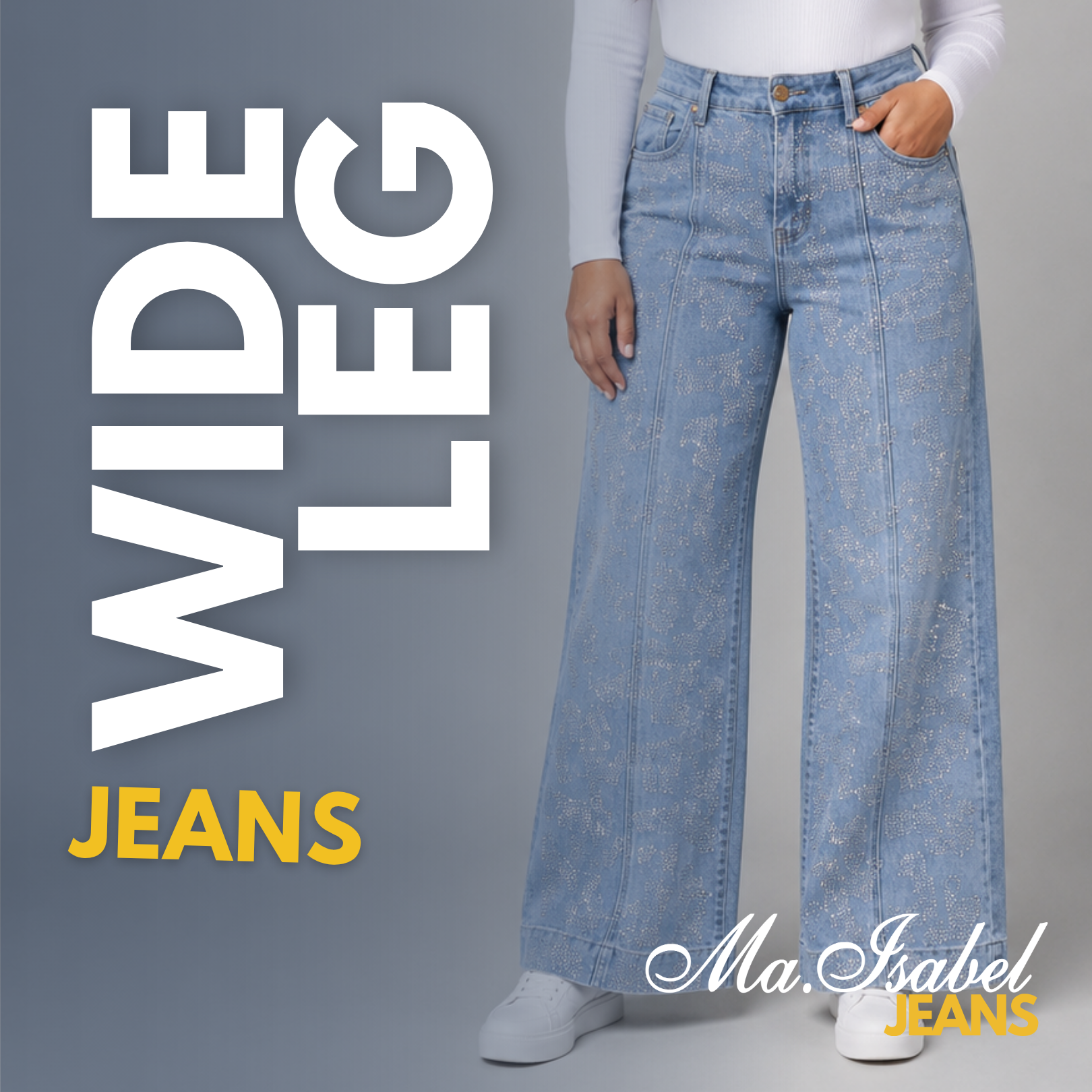 Colección Wide Leg de Ma Isabel Jeans con jeans de mezclilla para mujer de tiro alto y pierna amplia, pantalón de moda disponible para venta de mayoreo en México, ideal para distribuidores, boutiques y emprendedoras.