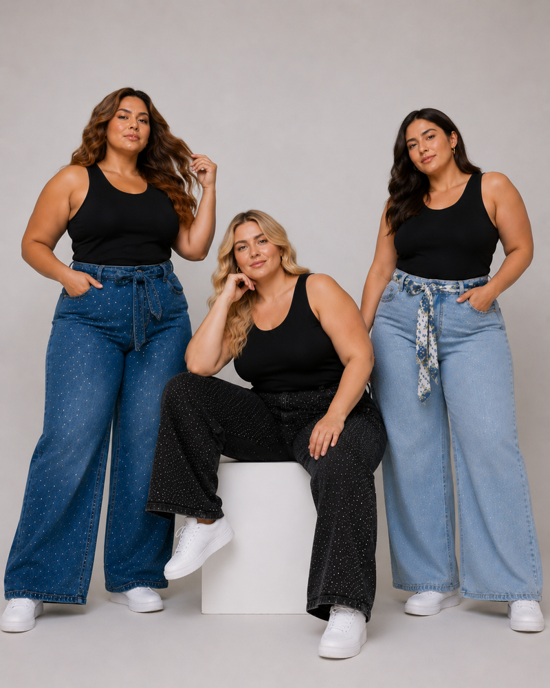 Mujeres talla curvy modelando jeans en tendencia de mezclilla premium con ajuste favorecedor para cuerpos reales de Ma Isabel Jeans México